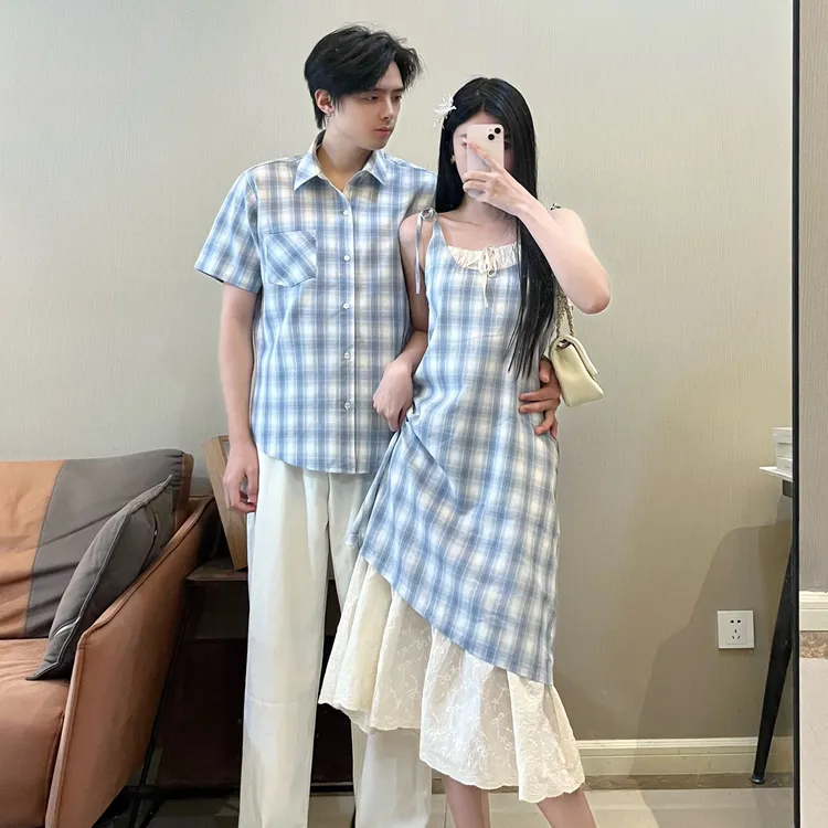 情侣装夏季复古拼接假两件休闲连衣裙显瘦格纹吊带连衣裙男衬衣
