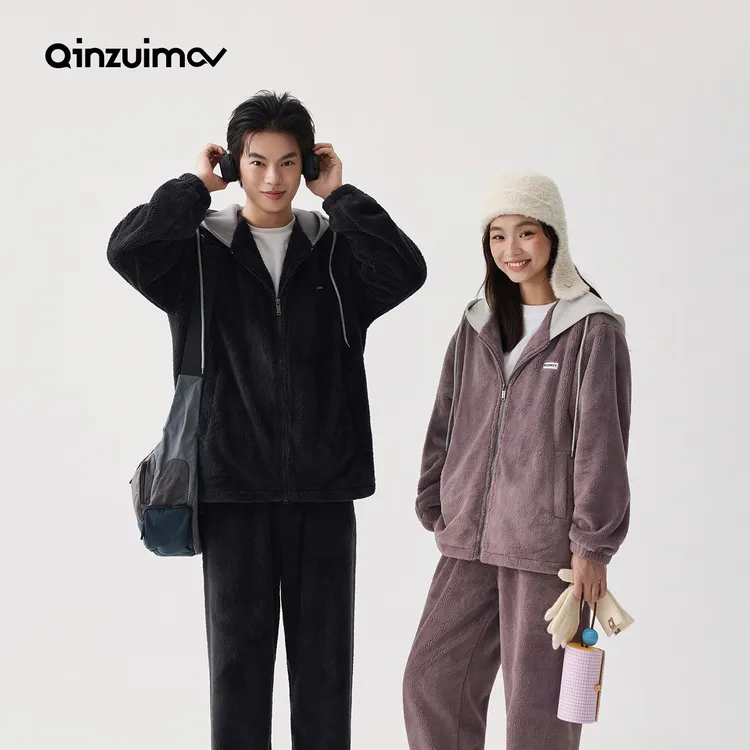 亲嘴猫暖暖绒加厚保暖连帽情侣休闲可外穿睡衣家居服两件套装秋冬