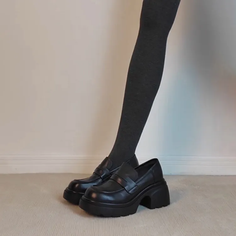 羊皮版~厚底松糕一脚蹬乐福鞋女复古英伦黑色百搭小皮鞋单鞋秋季