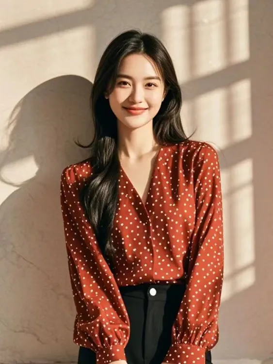 SS1025安可拉红波点V领衬衫新款法式气质冷淡系高级感上衣