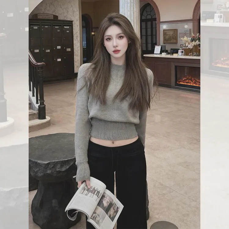 独特漂亮灰色小衫收腰毛衣内搭打底针织衫设计小众上衣女韩系秋冬