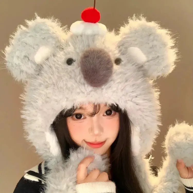 动耳考拉可爱帽子秋冬毛绒ins灰色大拍照抗风抗寒毛茸茸
