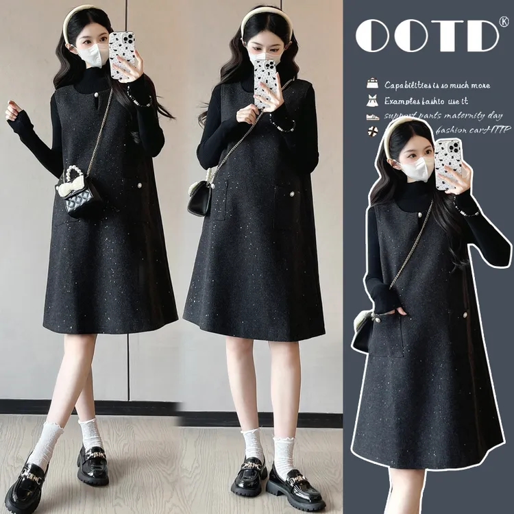 2025秋冬季新款黑灰色亮片毛呢小香风高级感孕妇大码连衣裙套装