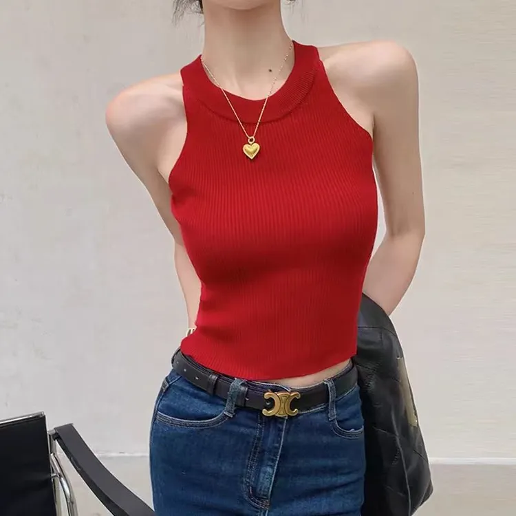 红色小吊带背心女外穿夏季美背西装内搭打底无袖削肩甜辣挂脖上衣