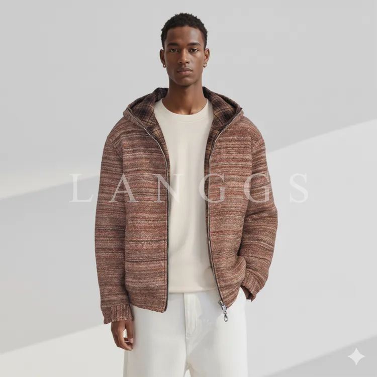  LANGGS&浪叔 25冬季色织花纱拼格纹双面穿连帽绵羊毛棉衣-FW5484