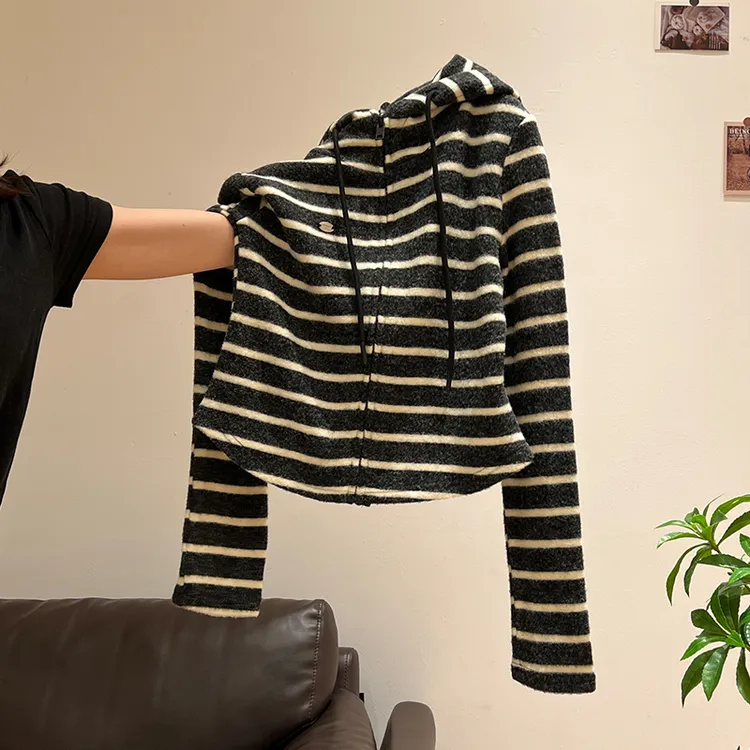 条纹长袖连帽针织打底衫拉链卫衣外套女2025秋装内搭修身开衫上衣