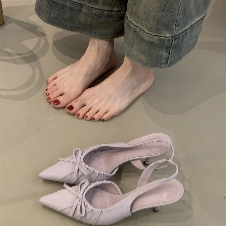 法式独特气质高跟鞋女春季蝴蝶结尖头浅口细带凉鞋黑色米白紫