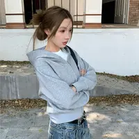 番茄妹妹Tomatosister美式复古基础纯色休闲拉链开衫短款卫衣外套