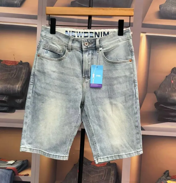 中裤薄款水洗男士百搭短裤修身男士微弹牛仔短裤夏季蓝色直筒