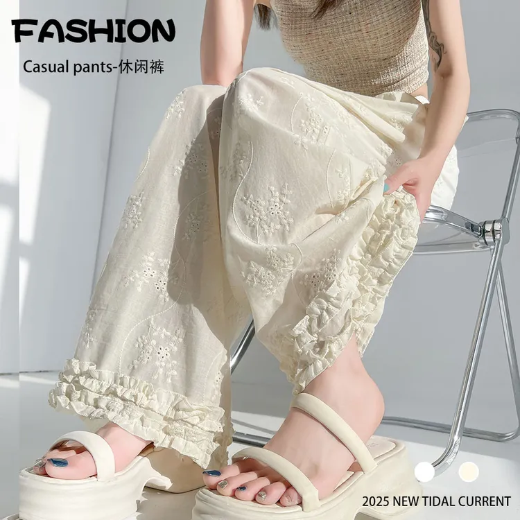 法式蕾丝花边勾花阔腿裤女2025夏季新款宽松休闲薄款防晒长裤百搭