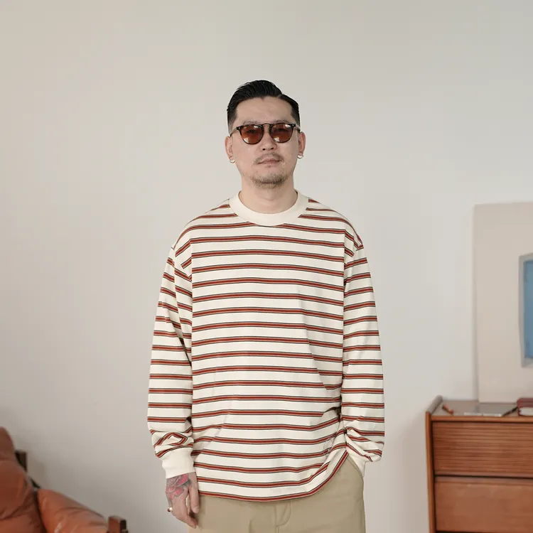 25FW秋冬季日系复古条纹控重磅长袖T恤简约休闲宽松圆领打底衫