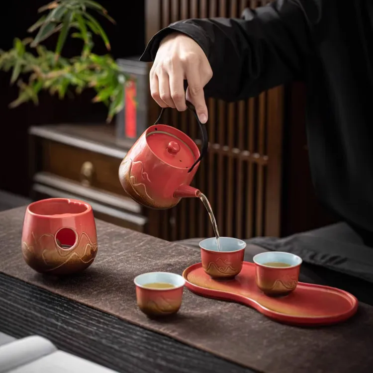 故宫国潮远山酒精炉壶煮茶器酒精灯温茶器一壶三杯托盘围炉礼盒装