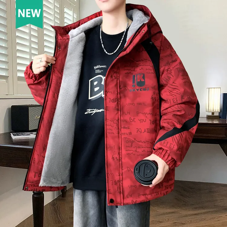 冬季青少年加绒加厚外套潮流时尚学生大童男生连帽夹克保暖派克服