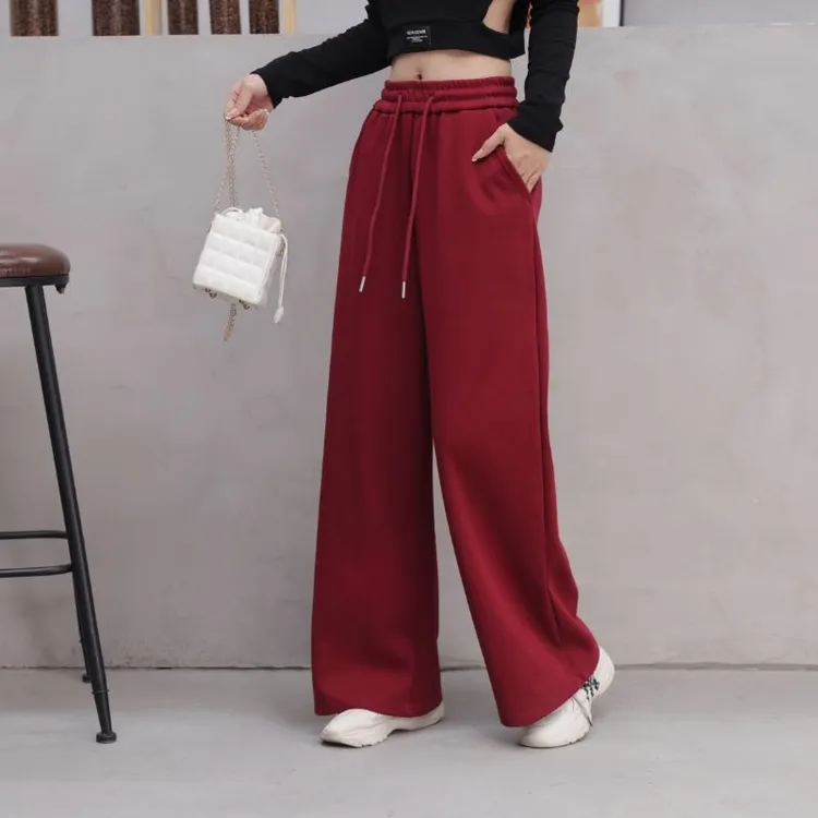 秋冬上新-女士华棉休闲阔腿裤松紧裤腰系带时尚简约潮流百搭长裤