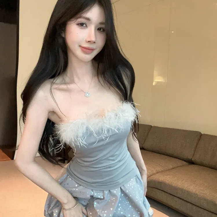 毛毛吊带背心女外穿夏季泰式辣妹一字肩抹胸小上衣独特绝美套装裙