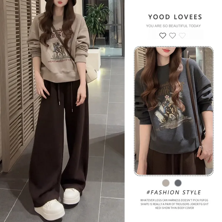 韩版休闲套装女春秋新款时尚简约慵懒风宽松圆领卫衣阔腿裤两件套