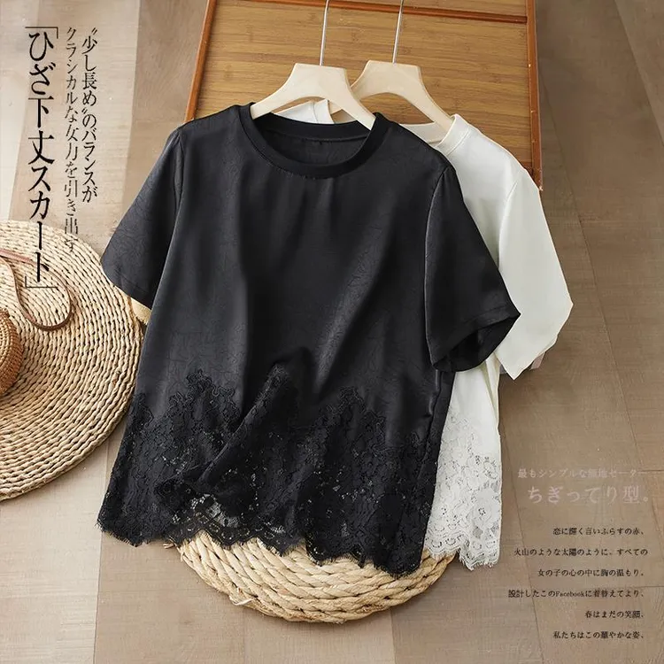 醋酸缎面短袖t恤女夏季薄款2025新款洋气大码感轻奢蕾丝上衣