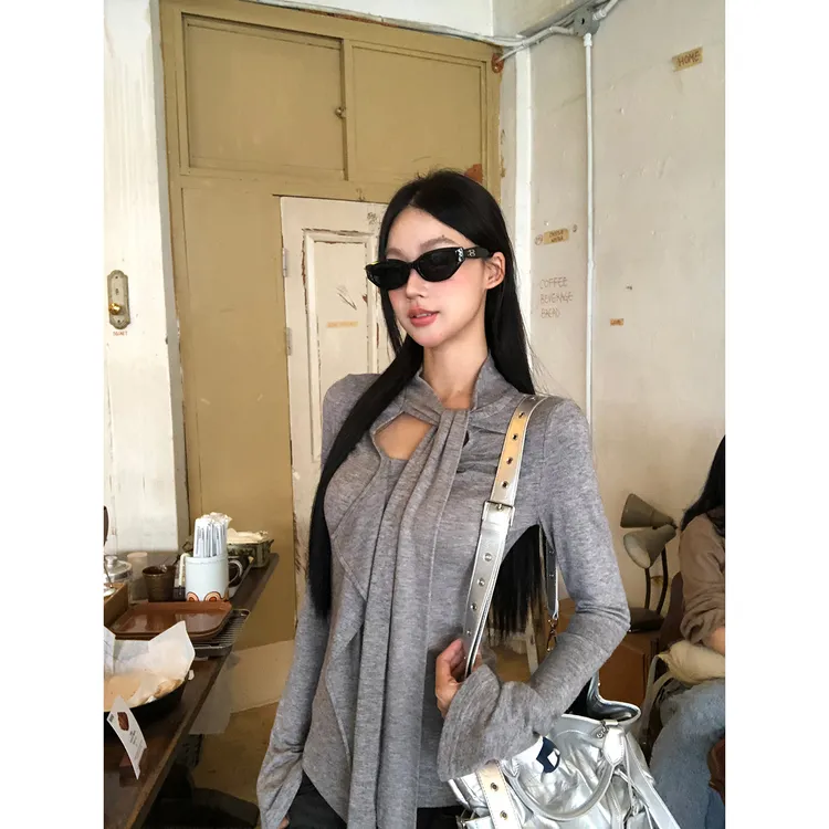 【富士山】秋季荷叶边飘带显瘦修身圆领设计感T恤253V2982