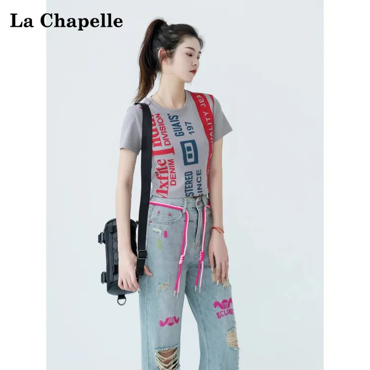 拉夏贝尔网红炸街时尚休闲宽松百搭高腰女牛仔裤2025新款