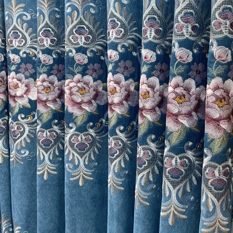 蓝色加厚加高雪尼尔牡丹绣花无镂空客厅卧室蓝色窗帘