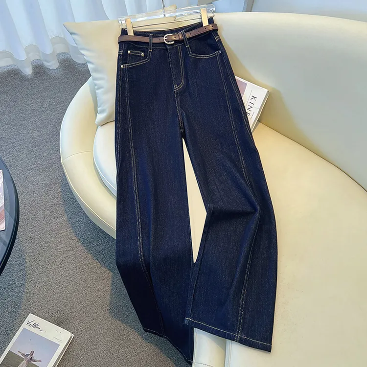 丹宁蓝弯刀牛仔阔腿裤女秋季2025新款梨形身材宽松显瘦窄版直筒裤