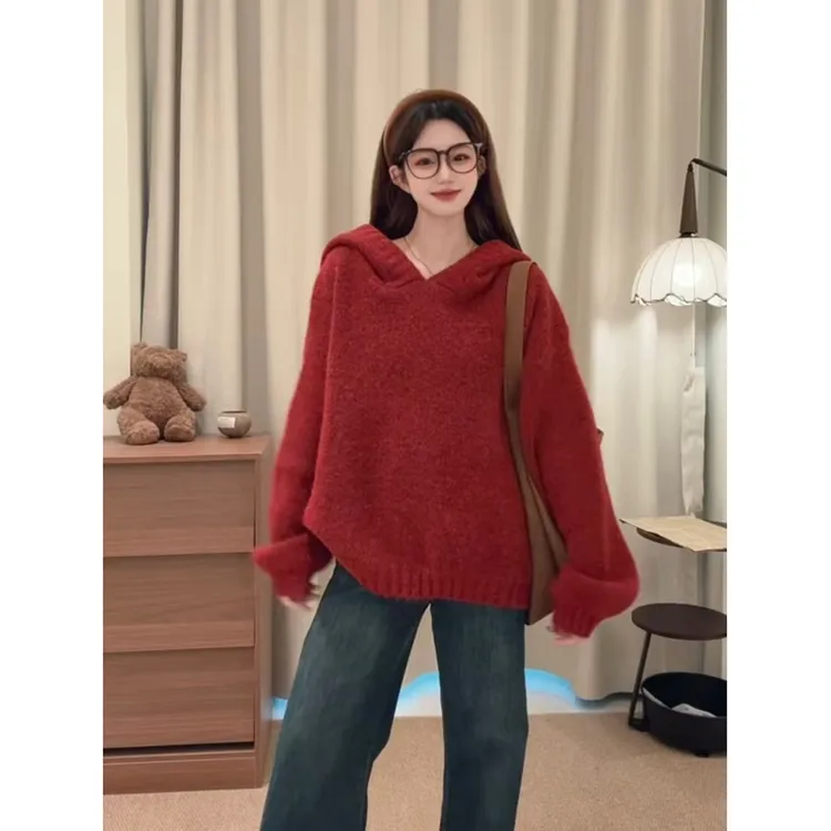 爆款长袖连帽毛衣2025秋冬新款显瘦设计感宽松上衣女学院风针织衫