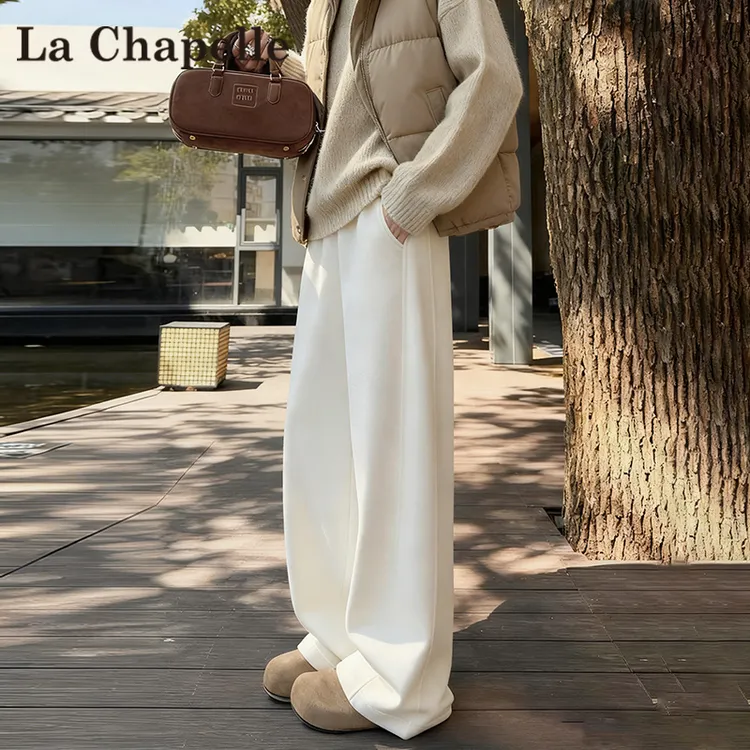 拉夏贝尔加绒加厚弯刀阔腿裤女秋冬季新款高腰宽松慵懒风直筒裤子