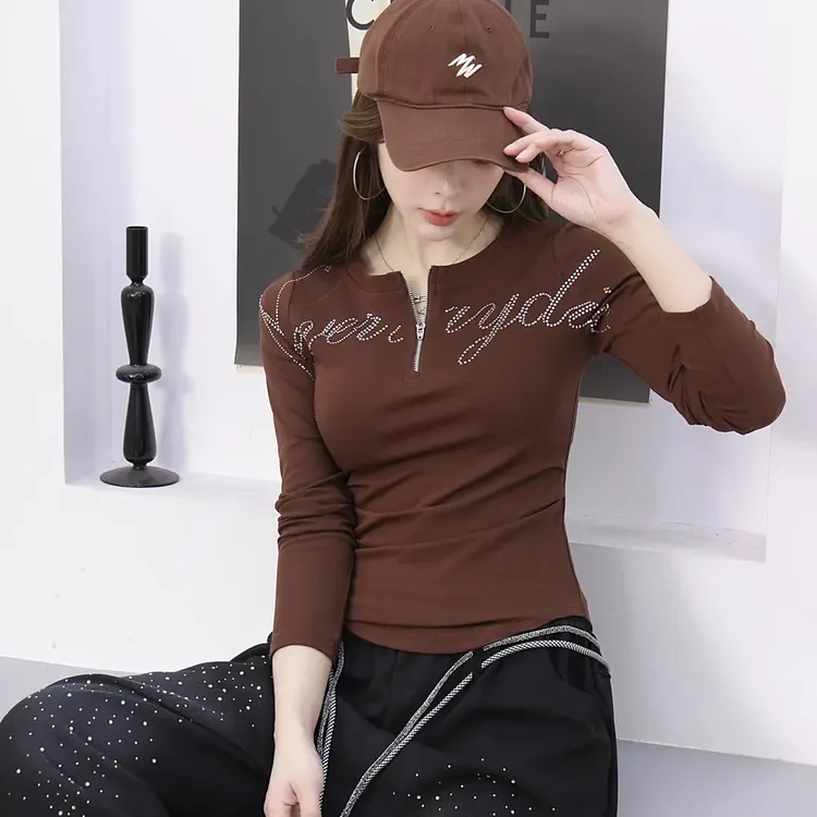 秋冬女上衣街舞潮牌烫钻字母针织T恤长袖爵士辣妹修身C220