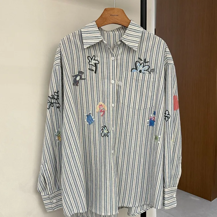 【蓝色曲调】小众设计款刺绣衬衫宽松中长款时尚休闲条纹女上衣