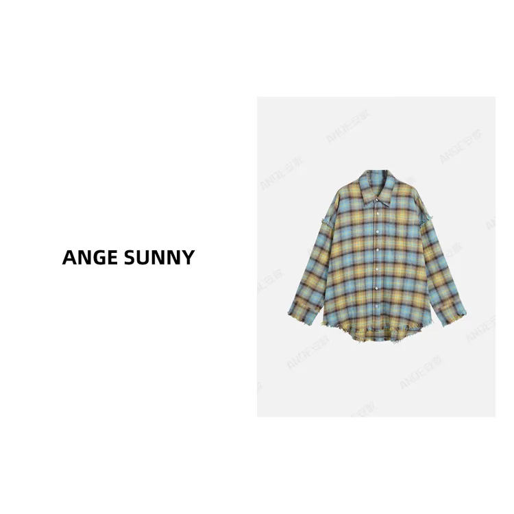 ANGE SUNNY【吴宣仪同款 毛边格子衬衫】毛边破撕裂风做旧格纹开衫