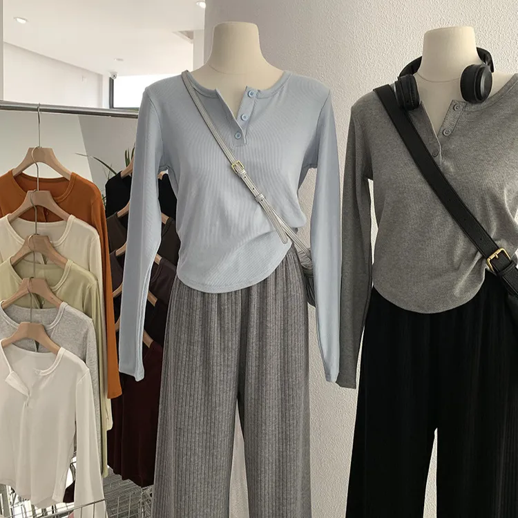 早春韩版休闲圆领开扣纯色修身显瘦时尚螺纹棉T恤上衣2041