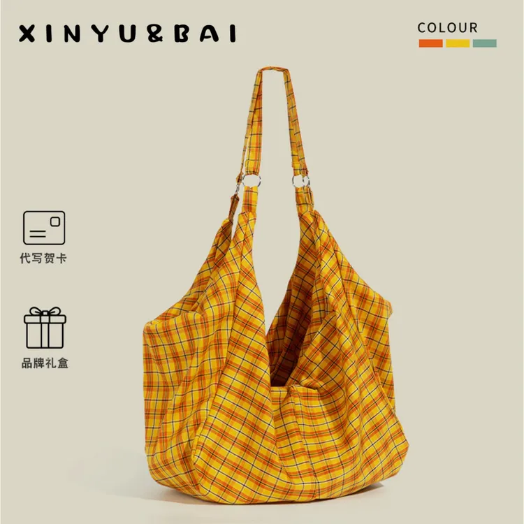 XINYU&BAI2025夏日大容量慵懒风帆布袋托特包女格子纹单肩斜挎包
