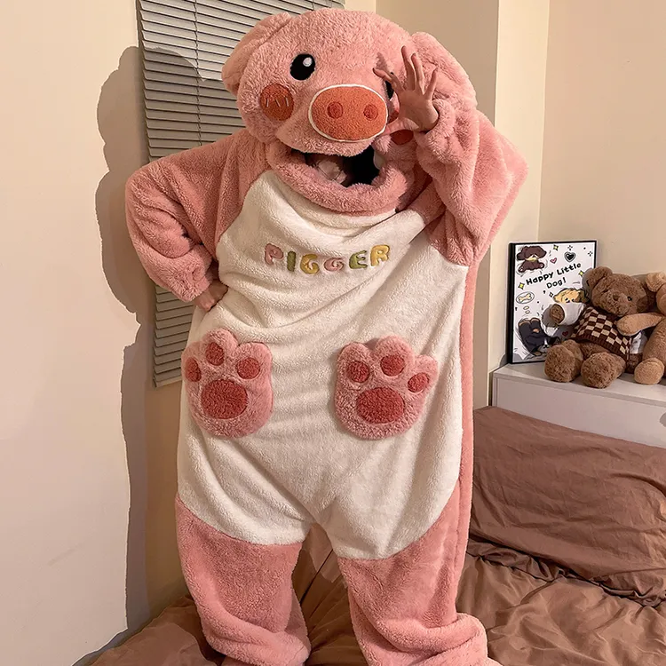 搞怪可爱猪连体睡衣女珊瑚绒秒冬季加绒加厚家居服连帽保暖家居服