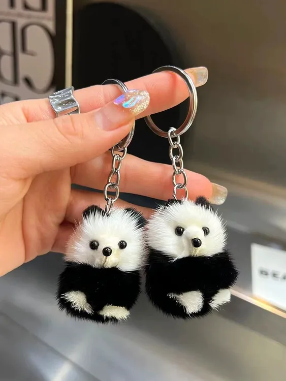 小号可爱真水貂毛小熊猫汽车钥匙扣挂件毛绒公仔书包包挂饰小礼物