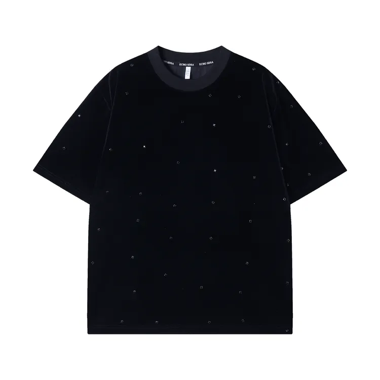 早春新款时尚个性韩版纯色绒面烫钻圆领短袖T恤潮流宽松百搭上衣