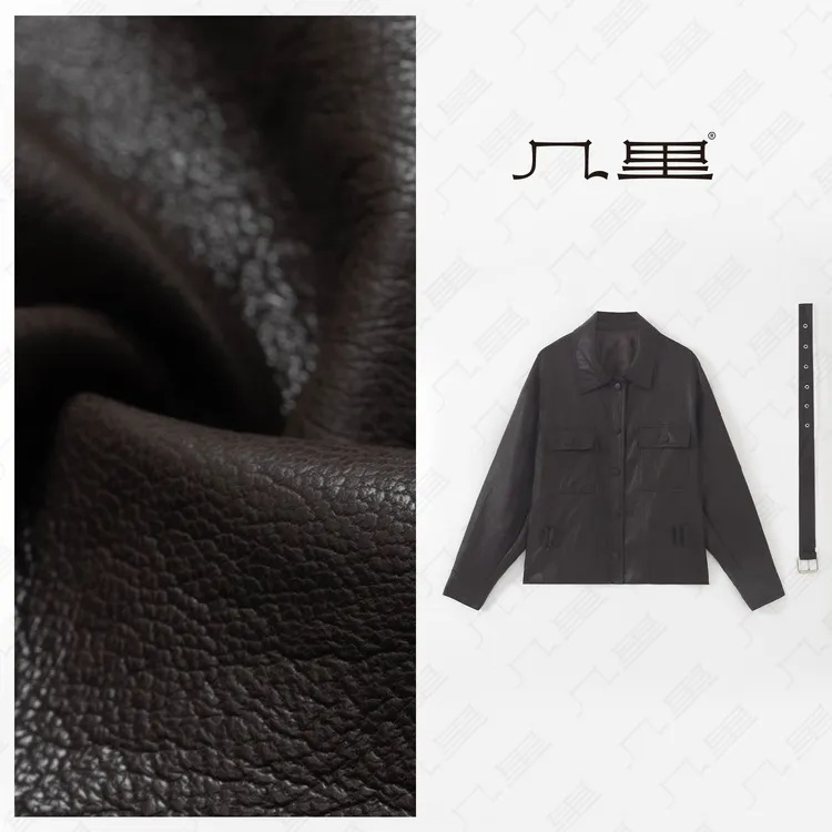 几里与麻 高级感收腰翻领PU皮外套 2081145