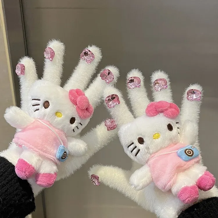 hellokitty带钻爆闪少女手套冬季保暖水貂毛可爱五指手套学生毛绒