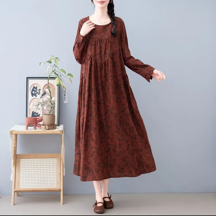 朵朵-春季新款优雅气质长袖连衣裙女士时尚减龄碎花亚麻中长款裙