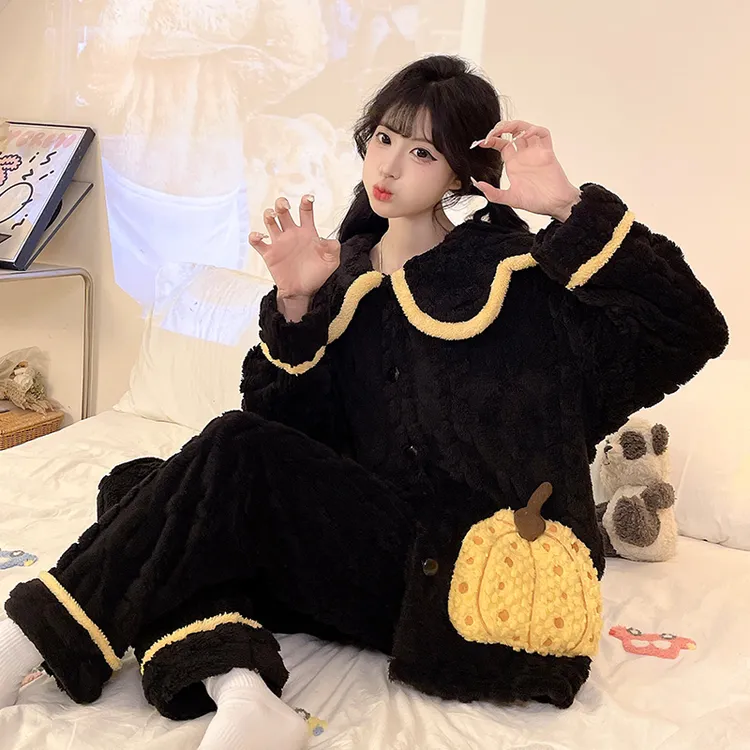 法兰绒少女甜美睡衣女冬季加绒加厚珊瑚绒宽松长袖保暖家居服套装