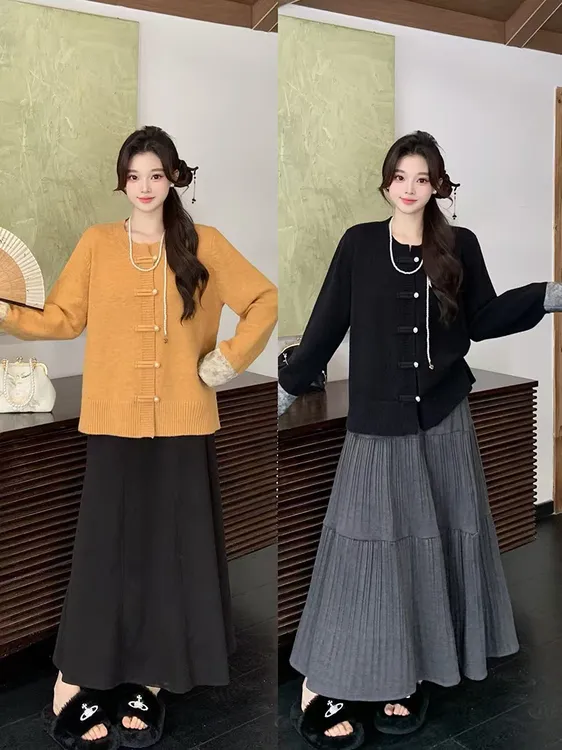 大码时尚新中式盘扣气质软糯毛织上衣高腰半身裙套装72111+23288