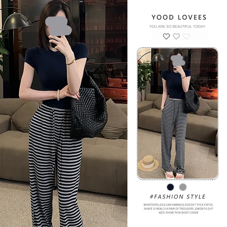 2025夏季新款日常松弛感修身藏蓝短袖上衣女休闲条纹阔腿裤两件套