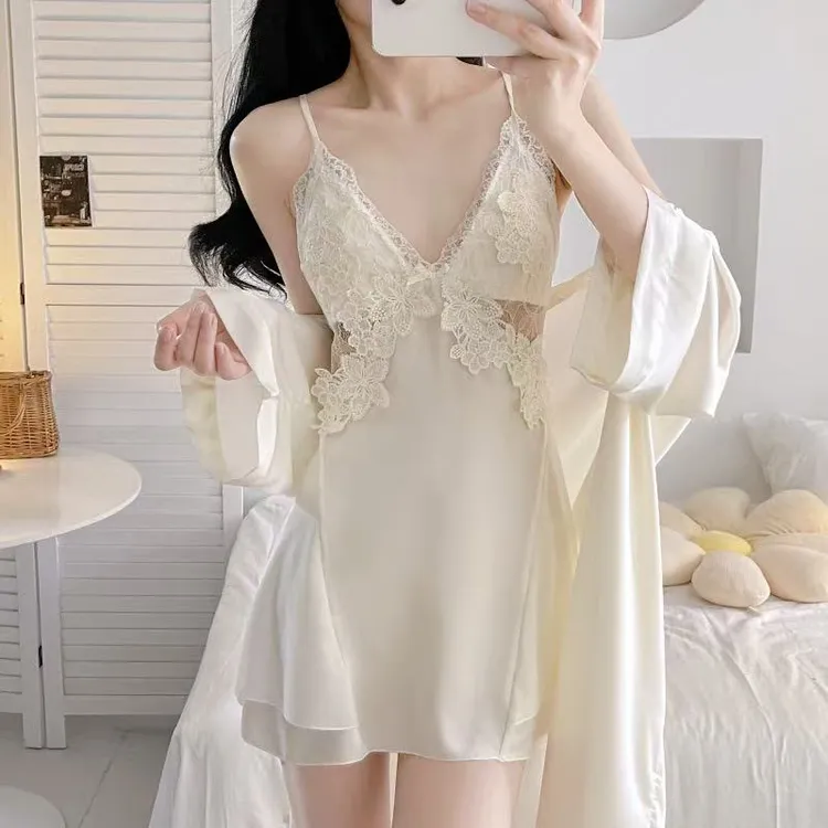 【不李专属】夏季新款性感高级蕾丝白色睡衣女纯裕风吊带睡裙家居服