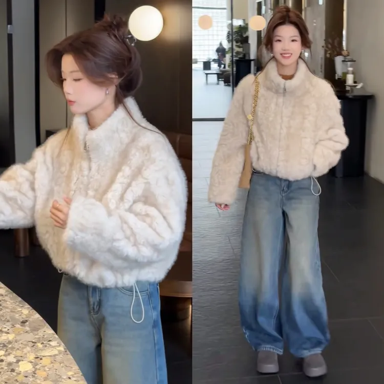 韩系立领毛毛短外套女装2025冬季小个子时尚超好看加厚保暖上衣