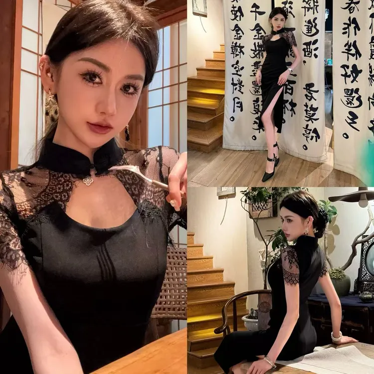 御姐风蕾丝拼接纯欲性感镂空高级感新中式改良旗袍开叉连衣裙