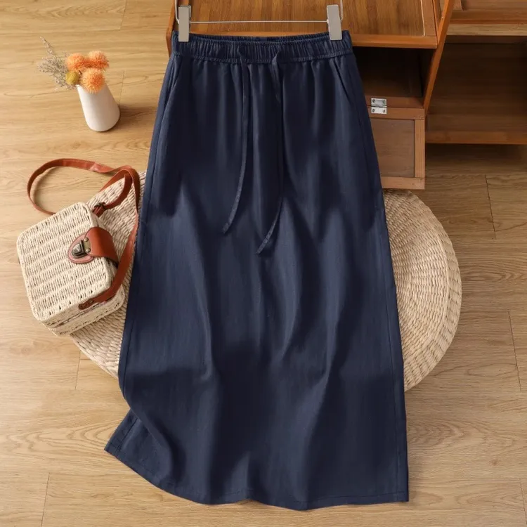 藏青色天丝亚麻半身裙女夏薄款2025新款显瘦棉麻a字裙开叉直筒裙