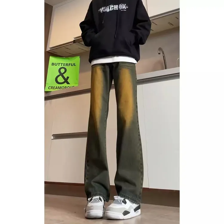 美式街头水洗做旧牛仔裤男春夏新款hiphop潮牌宽松直筒阔腿长裤子