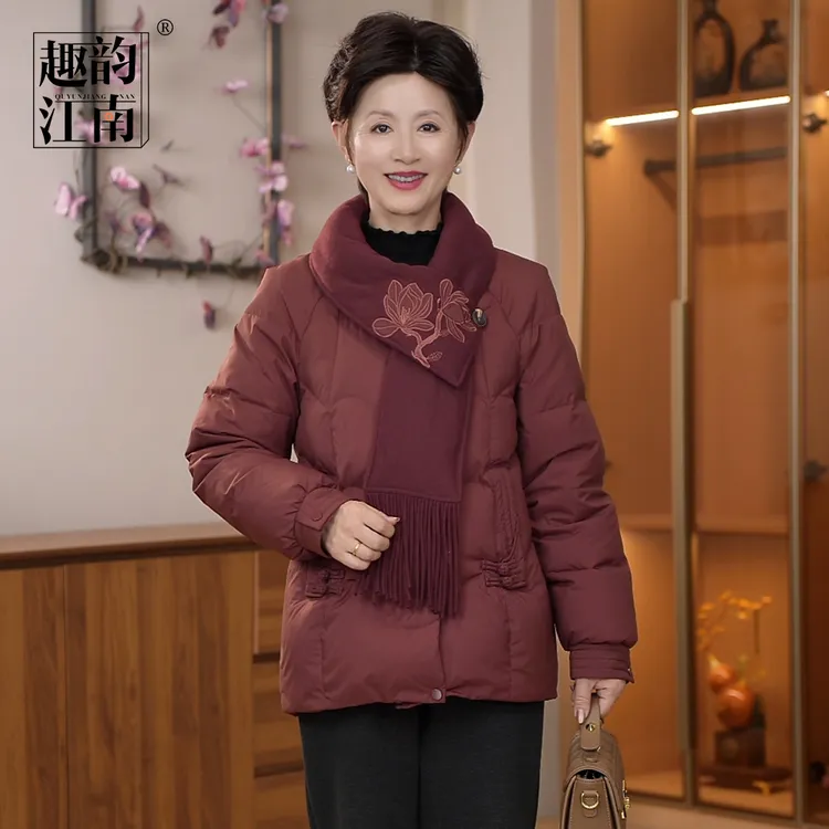 趣韵江南妈妈装针织刺绣90白鸭绒气质时尚优雅围巾款中老年秋冬款