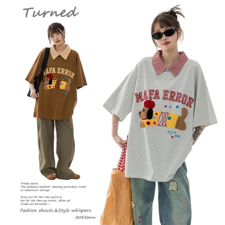 300斤大码女装卡通腊肠狗植绒刺绣短袖女胖mm夏季学院甜酷风上衣