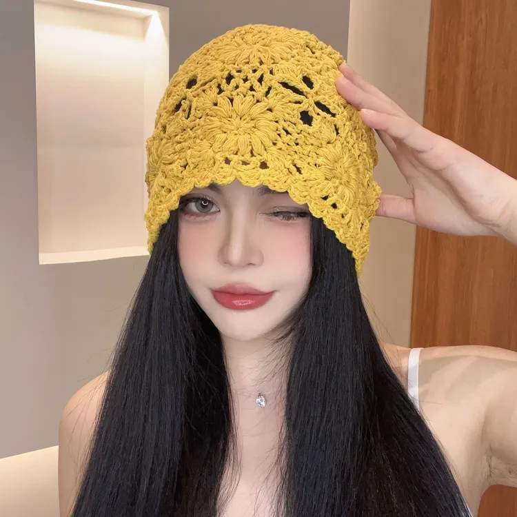 手工编织帽女钩花针织镂空包头帽夏季薄款大头围显脸小毛线堆堆帽