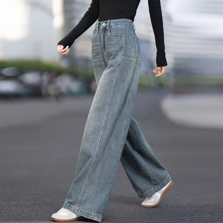 复古蓝牛仔裤女款爆款2025新款春秋百搭直筒裤高腰阔腿裤显瘦长裤